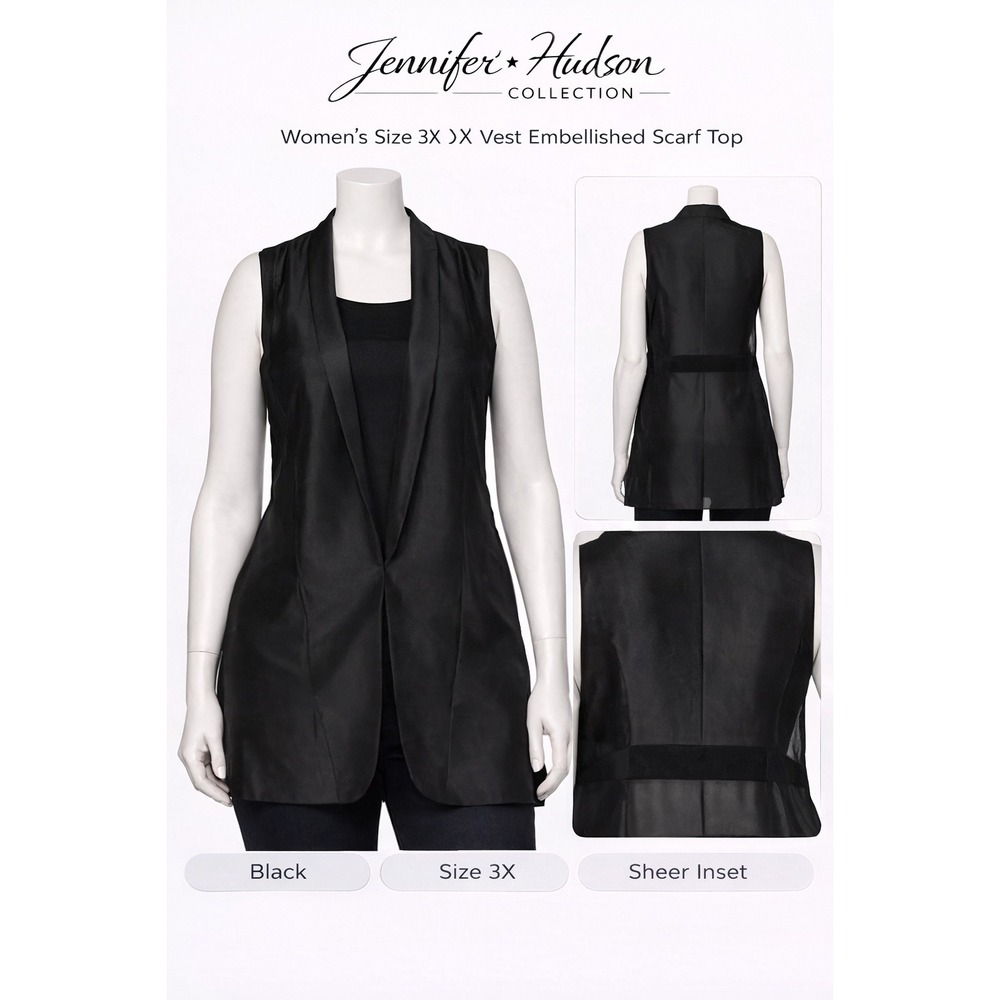 Jennifer Hudson Collection Womens 3X Vest‎ Black Sheer Inset Tuxedo A232948 NWT